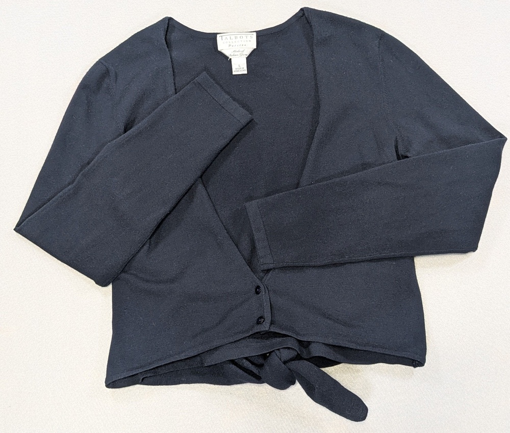Talbots Collection Petites L Cardigan Italian Yarn Navy Tie Back Quiet Luxury